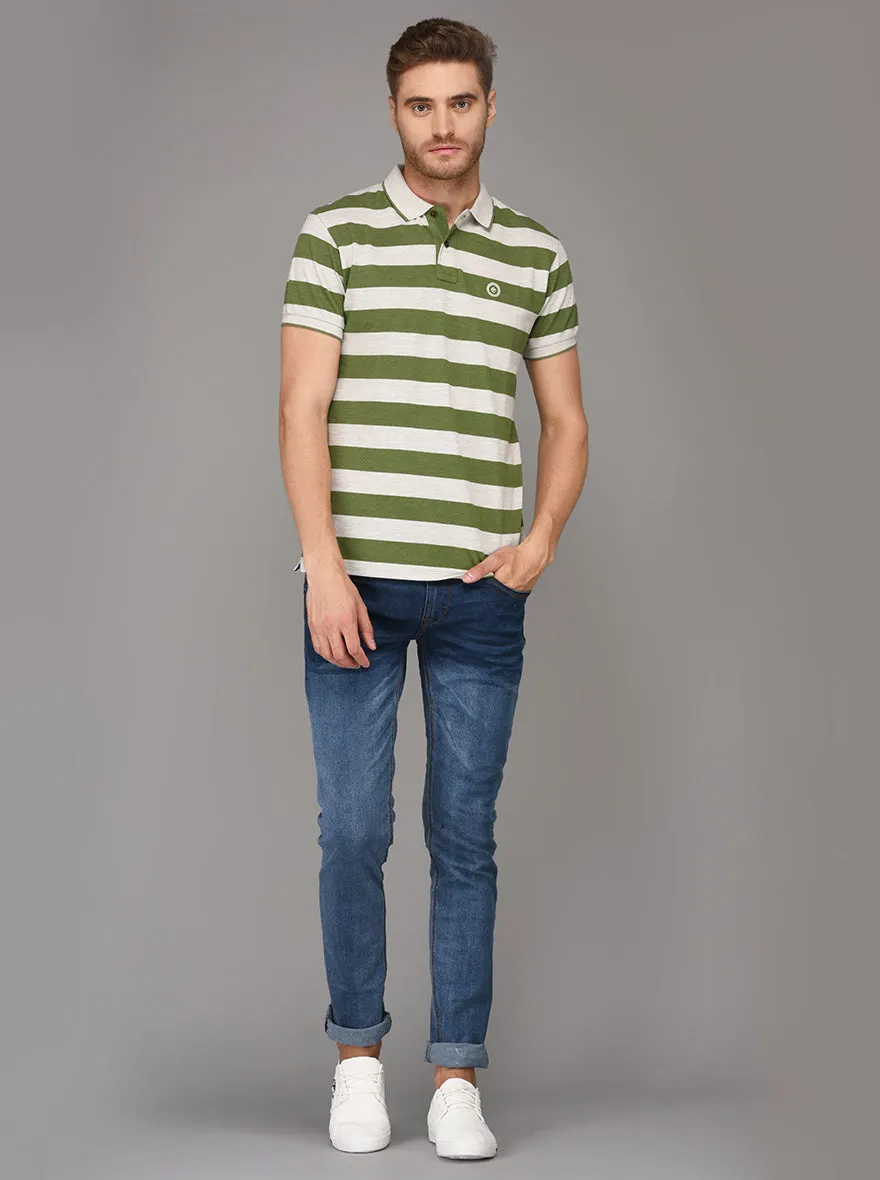 Greenfibre Dark Green & Grey Striped Slim Fit Polo T-Shirt