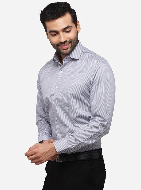 Grey & White Striped Regular Fit Formal Shirt | JadeBlue