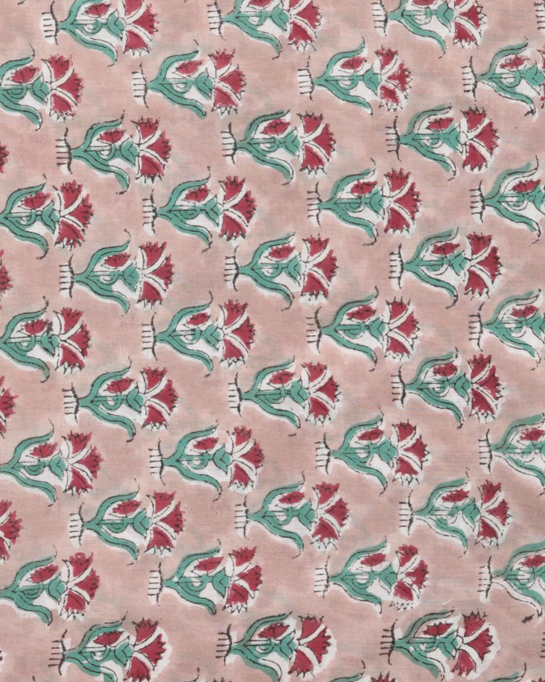 Grey Red Green Block Printed Cotton Fabric Per Meter - F001F2406