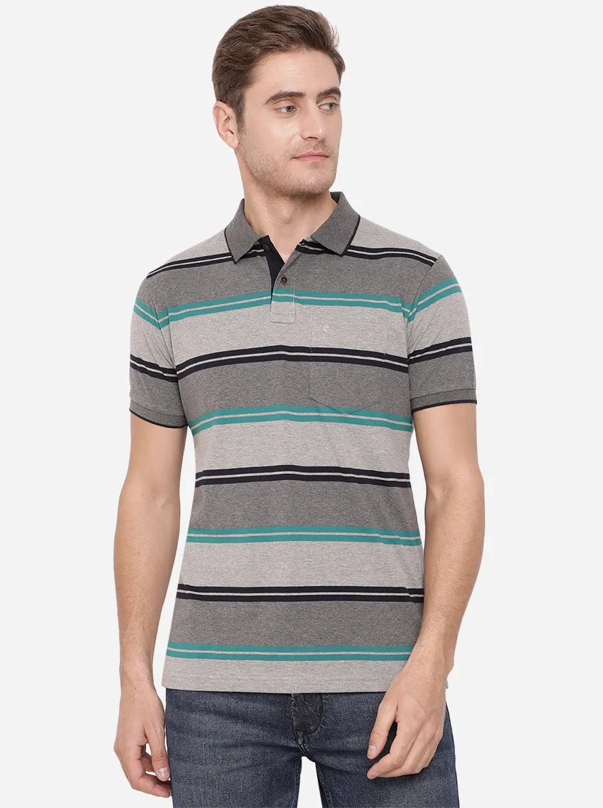 Gunmetal Grey Striped Slim Fit Polo T-Shirt | Greenfibre