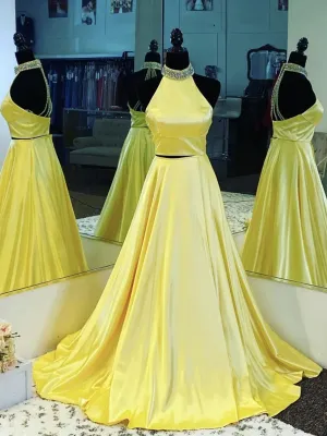 Halter Neck Open Back 2 Pieces Yellow Satin Long Prom, Backless Two Piece Yellow Formal Graduation Evening