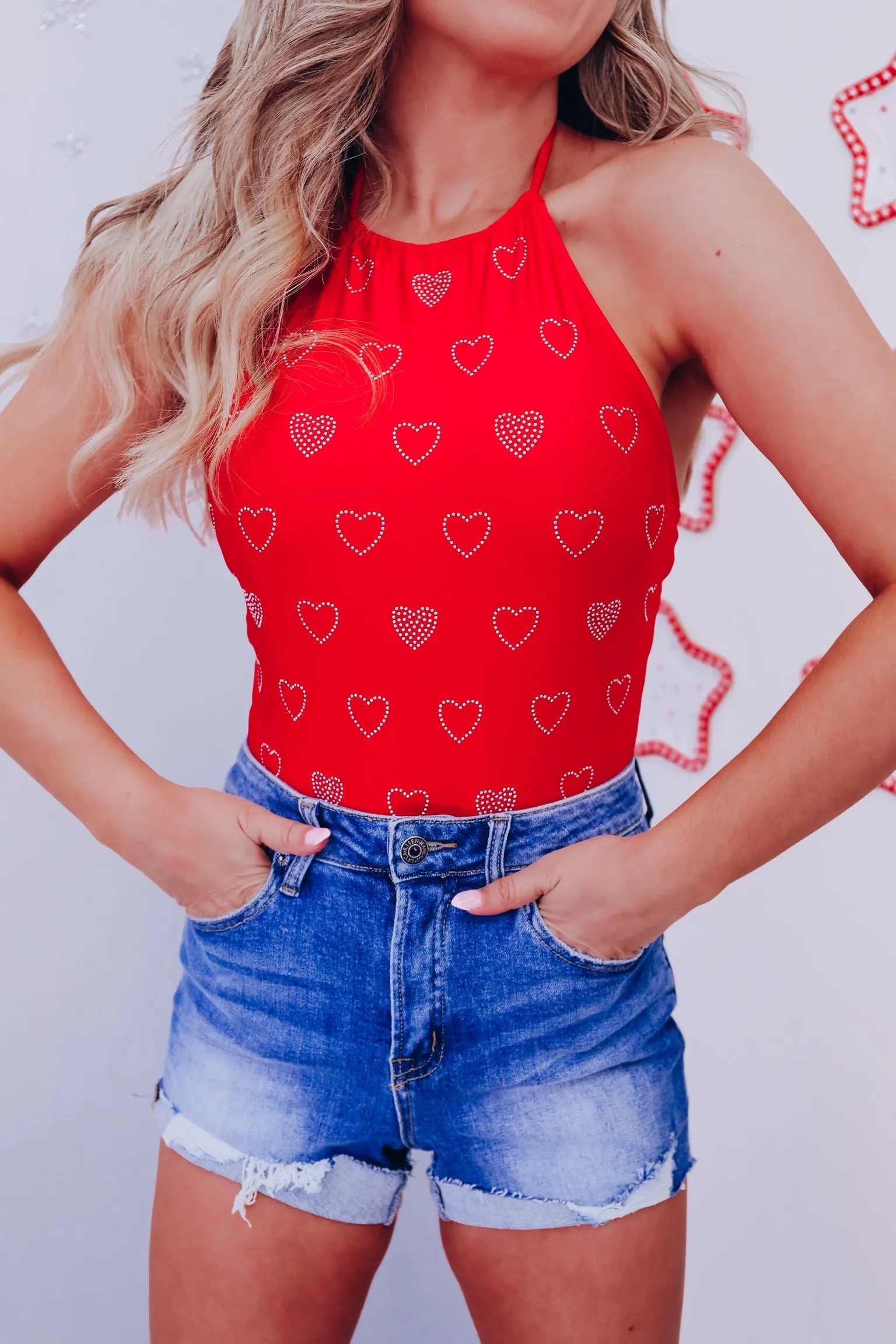 Heart To Heart  Rhinestone Bodysuit - Red