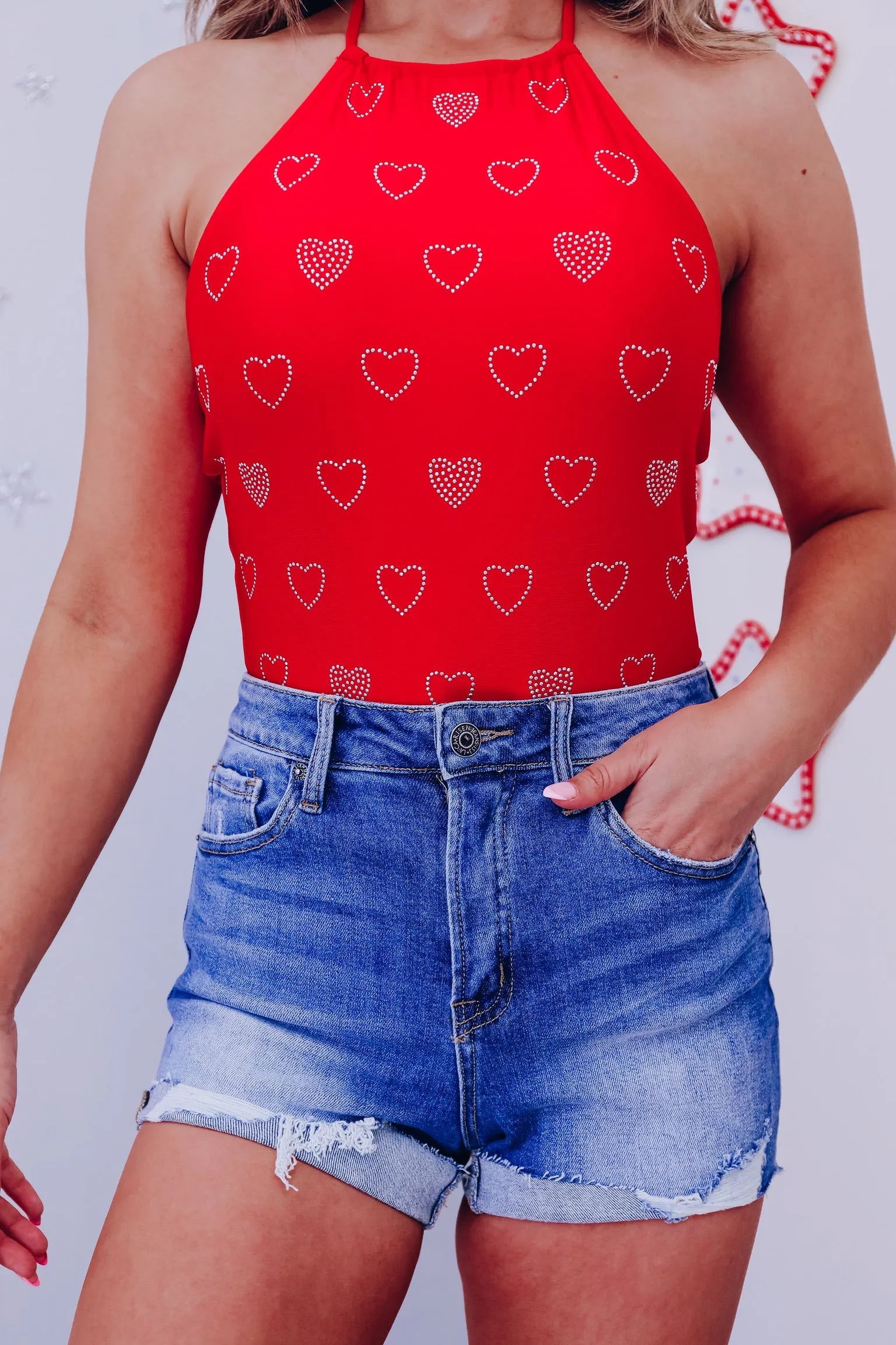 Heart To Heart  Rhinestone Bodysuit - Red