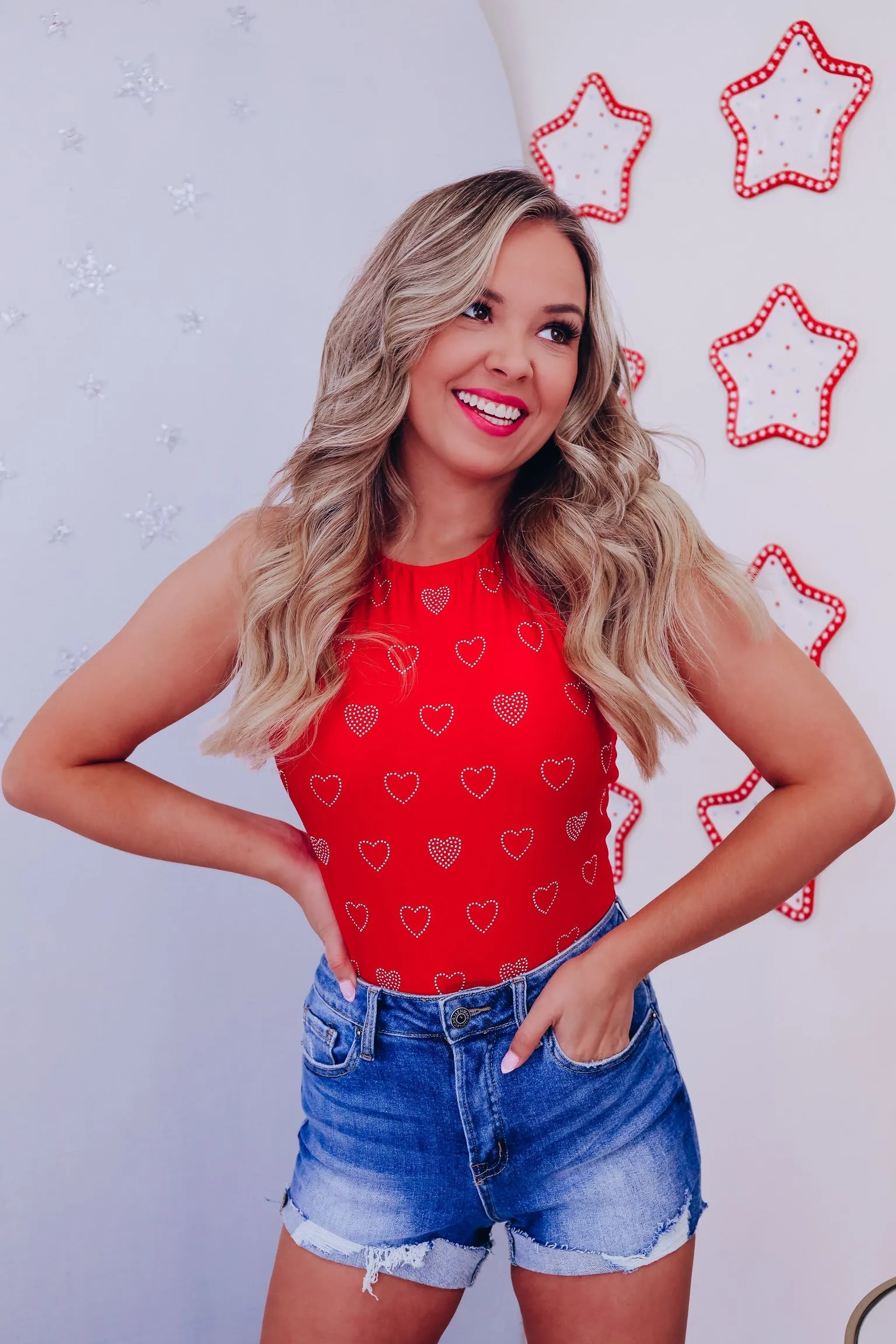 Heart To Heart  Rhinestone Bodysuit - Red