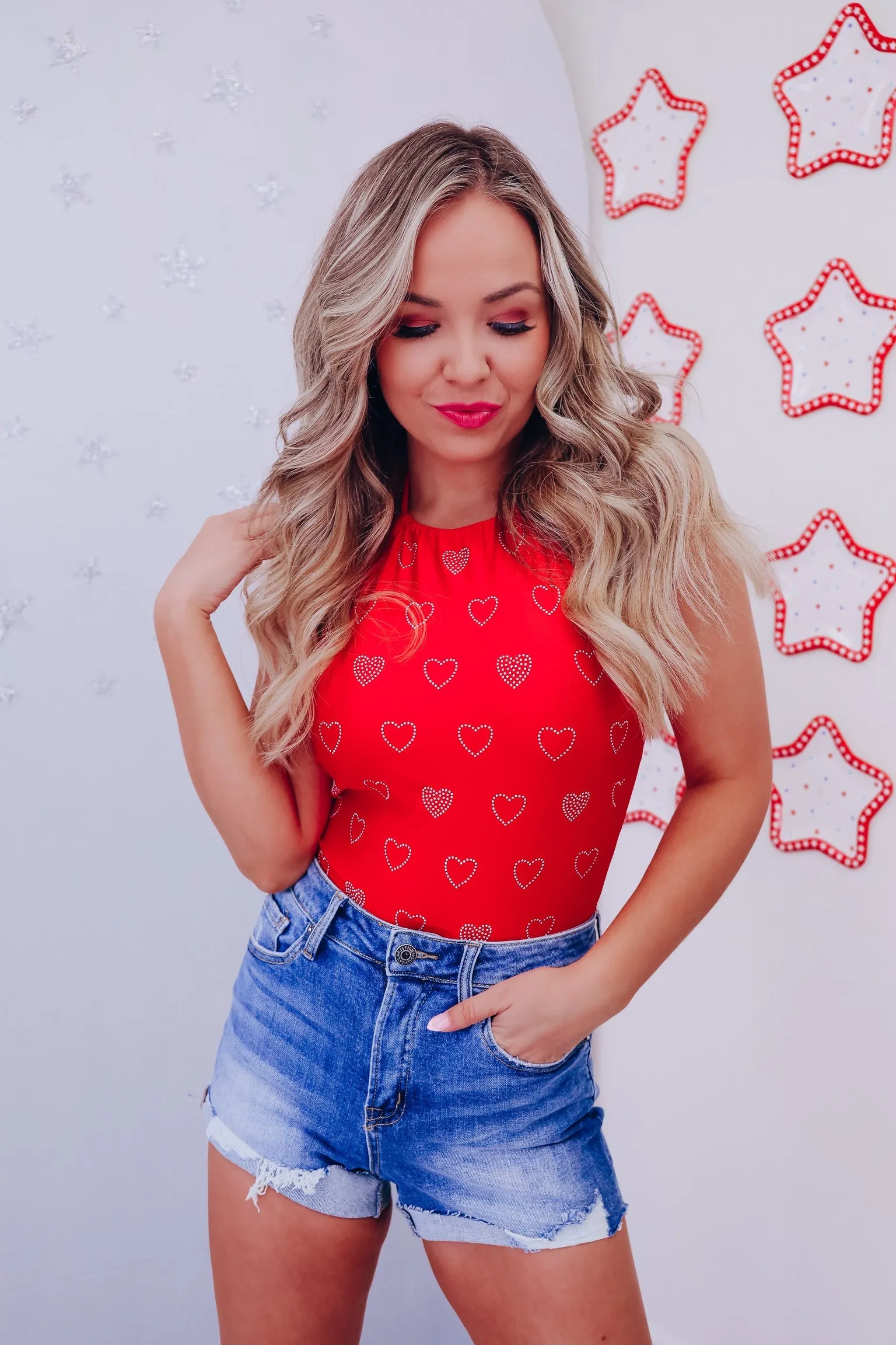 Heart To Heart  Rhinestone Bodysuit - Red