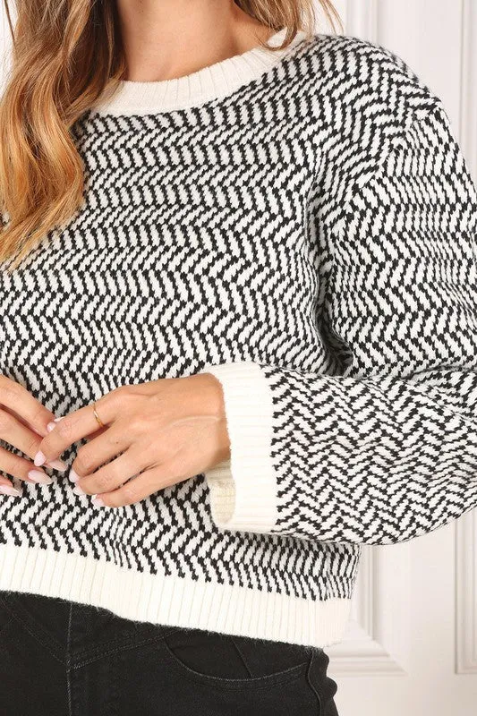 Herringbone Pattern Crew Neck Sweater