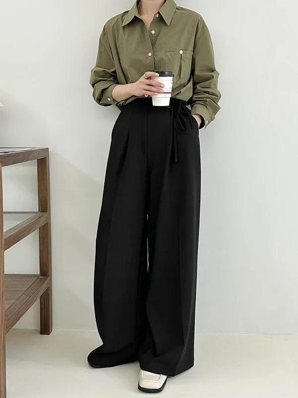 High Waisted Loose Lace-Up Pleated Solid Color Split-Joint Suit Pants Trousers