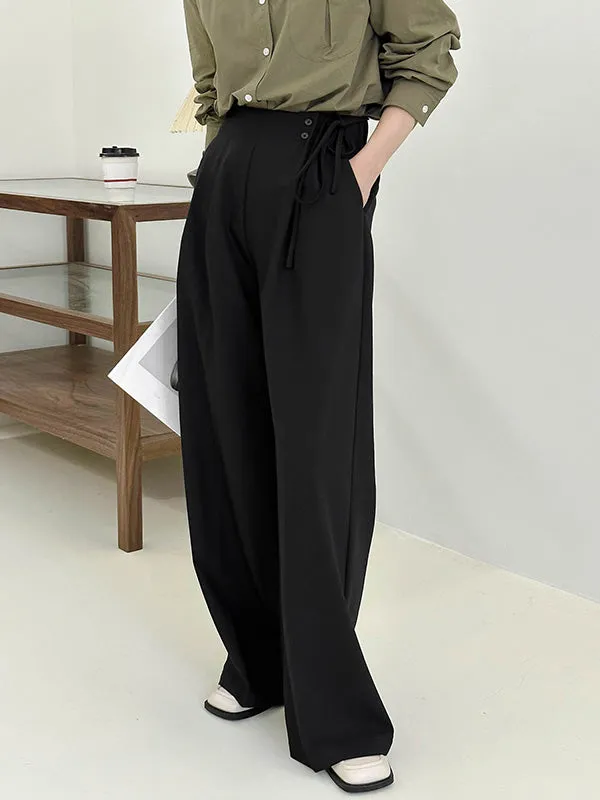 High Waisted Loose Lace-Up Pleated Solid Color Split-Joint Suit Pants Trousers