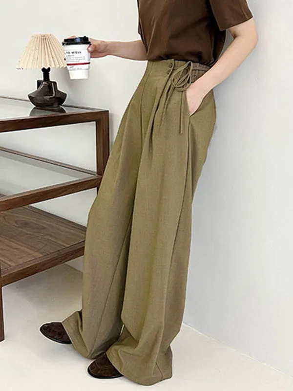 High Waisted Loose Lace-Up Pleated Solid Color Split-Joint Suit Pants Trousers