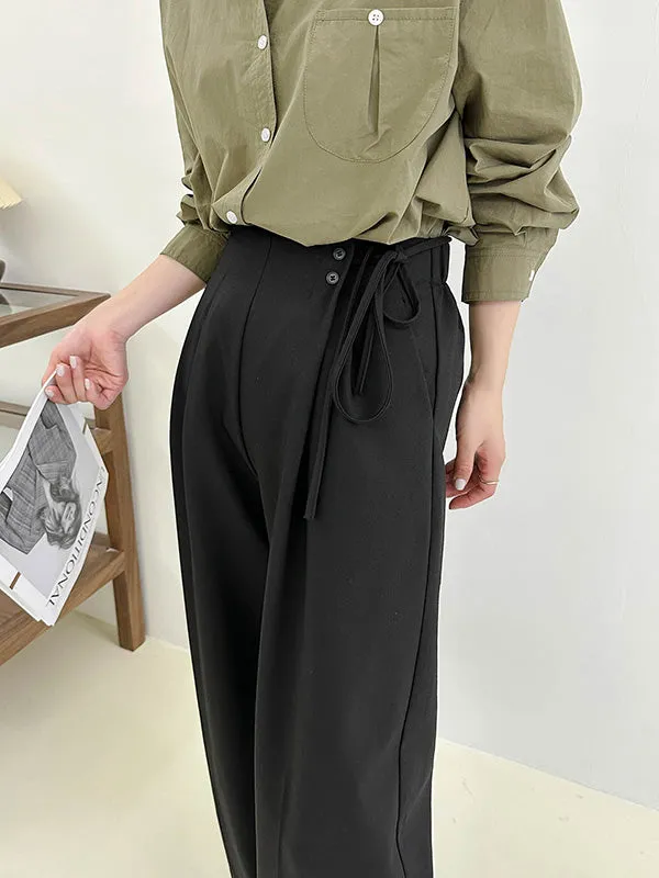 High Waisted Loose Lace-Up Pleated Solid Color Split-Joint Suit Pants Trousers