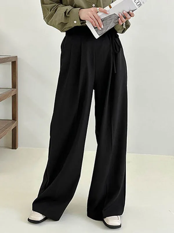 High Waisted Loose Lace-Up Pleated Solid Color Split-Joint Suit Pants Trousers