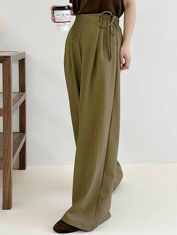 High Waisted Loose Lace-Up Pleated Solid Color Split-Joint Suit Pants Trousers