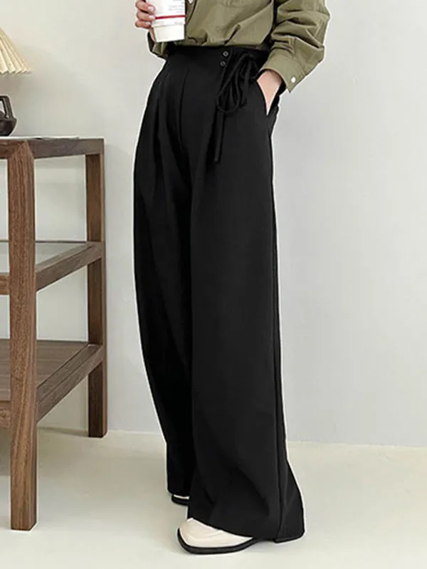 High Waisted Loose Lace-Up Pleated Solid Color Split-Joint Suit Pants Trousers