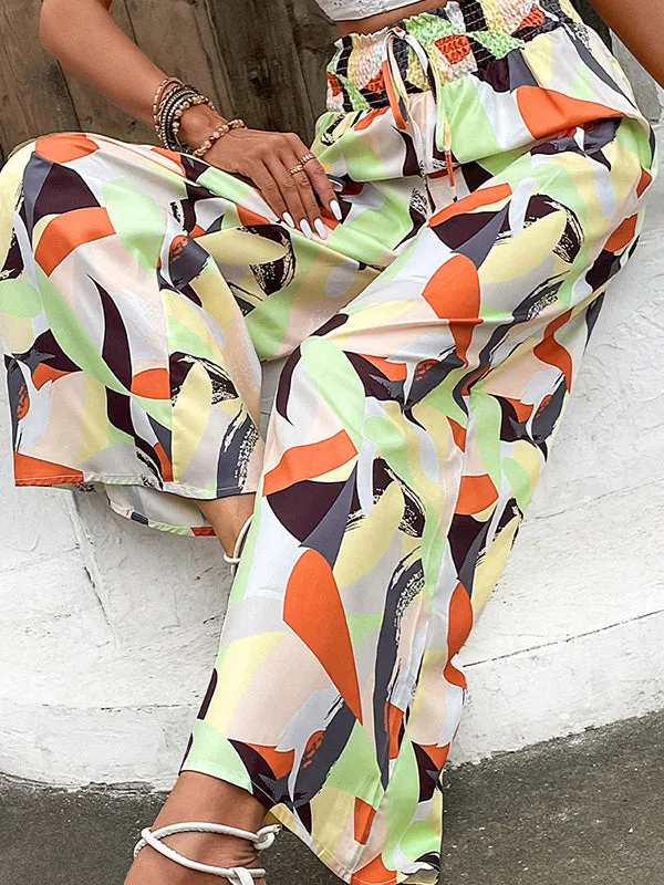 High Waisted Wide Leg Elasticity Printed Split-Joint Tied Pants Trousers