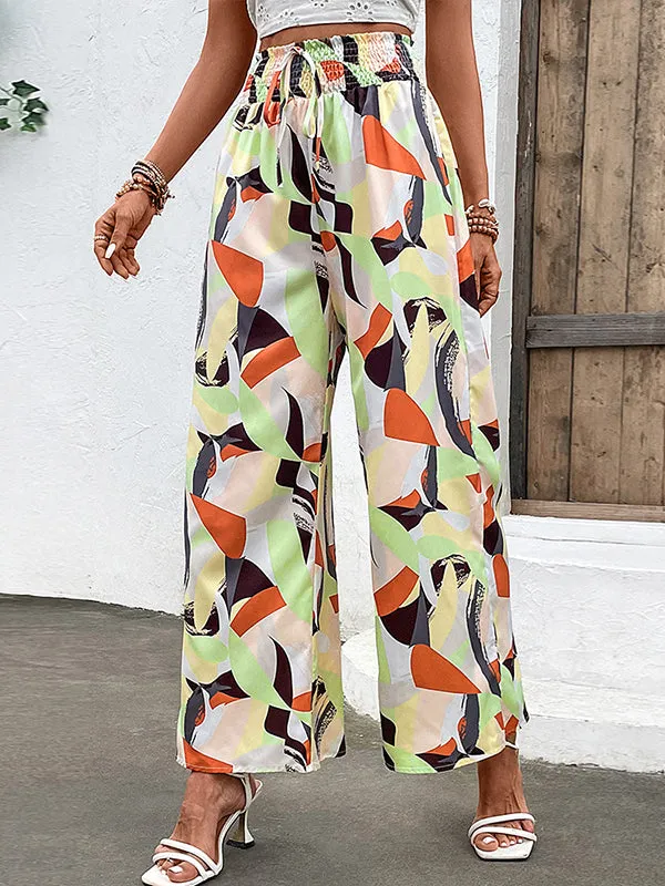 High Waisted Wide Leg Elasticity Printed Split-Joint Tied Pants Trousers