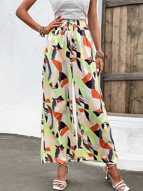 High Waisted Wide Leg Elasticity Printed Split-Joint Tied Pants Trousers