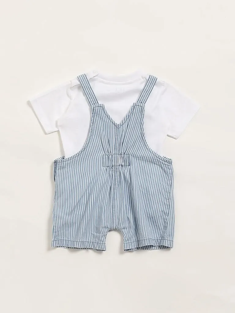 HOP Baby Blue Striped Dungaree & T-Shirt Set