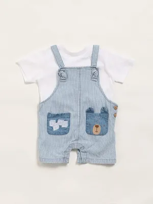 HOP Baby Blue Striped Dungaree & T-Shirt Set