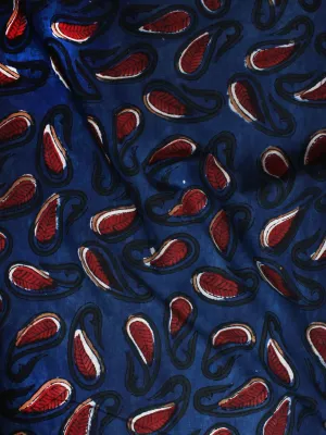 Indigo Black Maroon Hand Block Printed Cotton Cambric Fabric Per Meter - F0916395