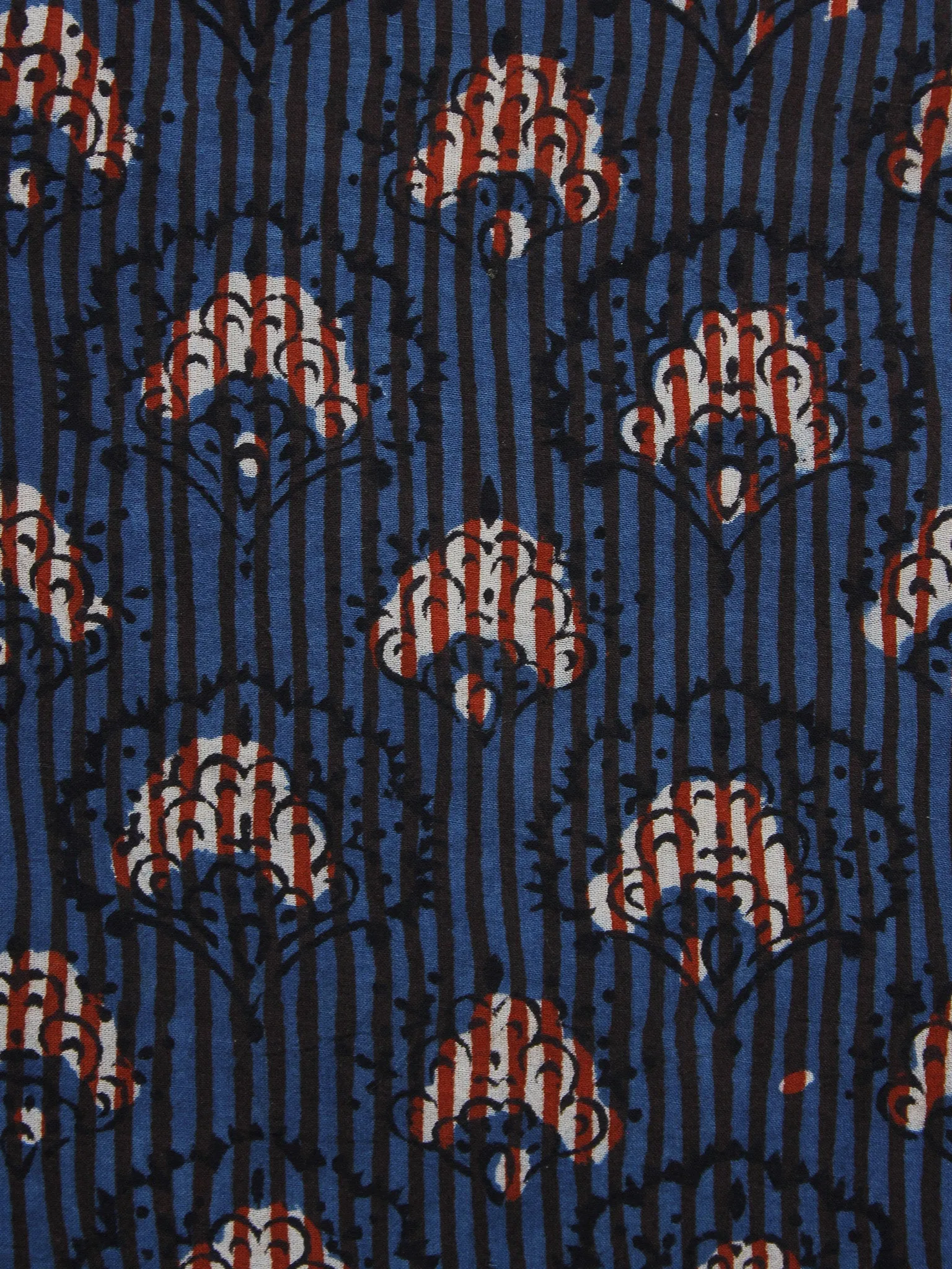 Indigo Ivory Black Maroon Hand Block Printed Cotton Fabric Per Meter - F001F998