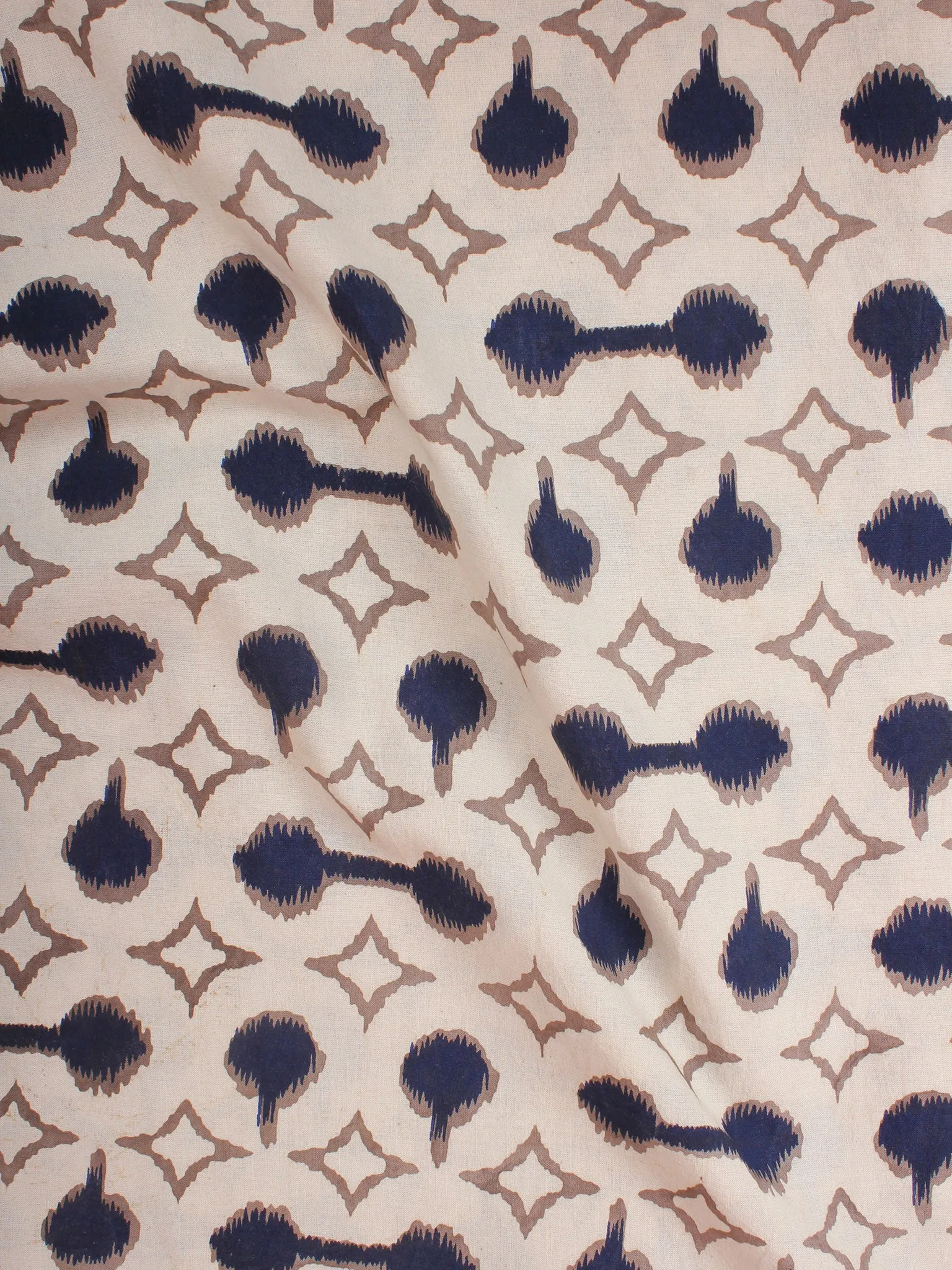 Ivory Indigo Brown Hand Block Printed Cotton Cambric Fabric Per Meter - F0916391