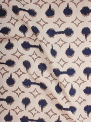 Ivory Indigo Brown Hand Block Printed Cotton Cambric Fabric Per Meter - F0916391