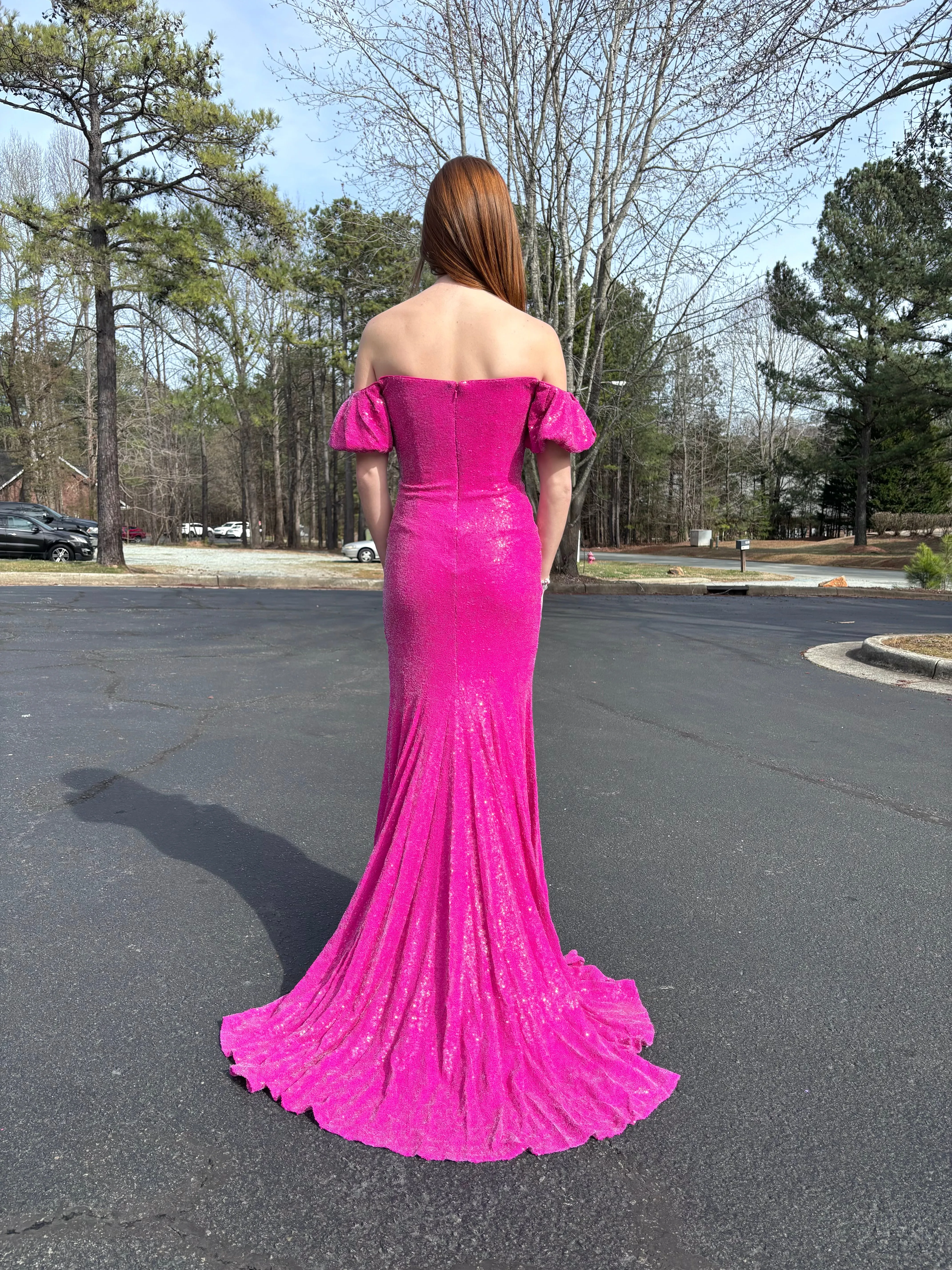 JOVANI 09618 Sequin Dress with Dramatic Off the Shoulder Puff Sleeves and a Slit - Hot Pink or Royal Blue