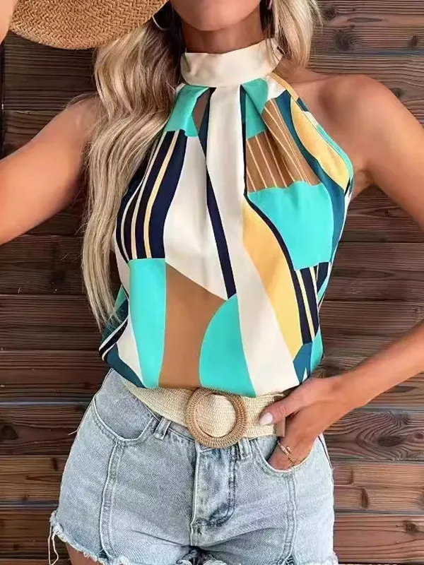 Loose Sleeveless Pleated Printed Halter-Neck Vest Top