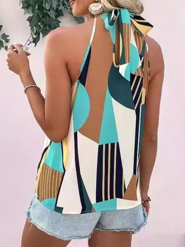 Loose Sleeveless Pleated Printed Halter-Neck Vest Top