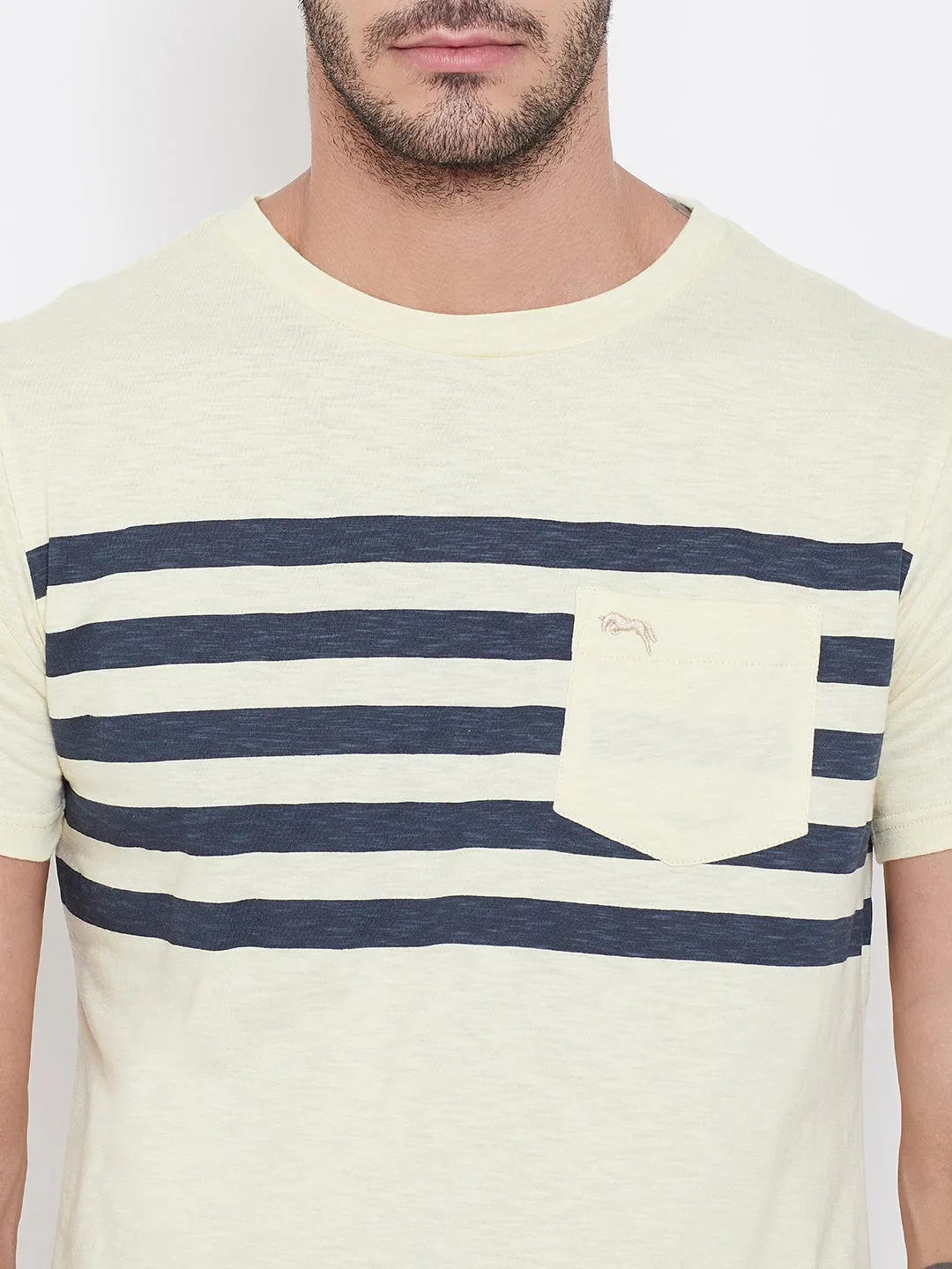 Men Beige Striped Round Neck T-shirt