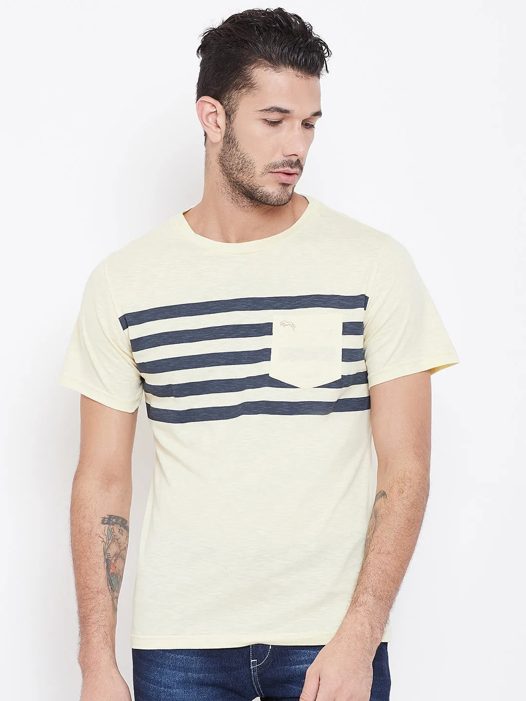 Men Beige Striped Round Neck T-shirt