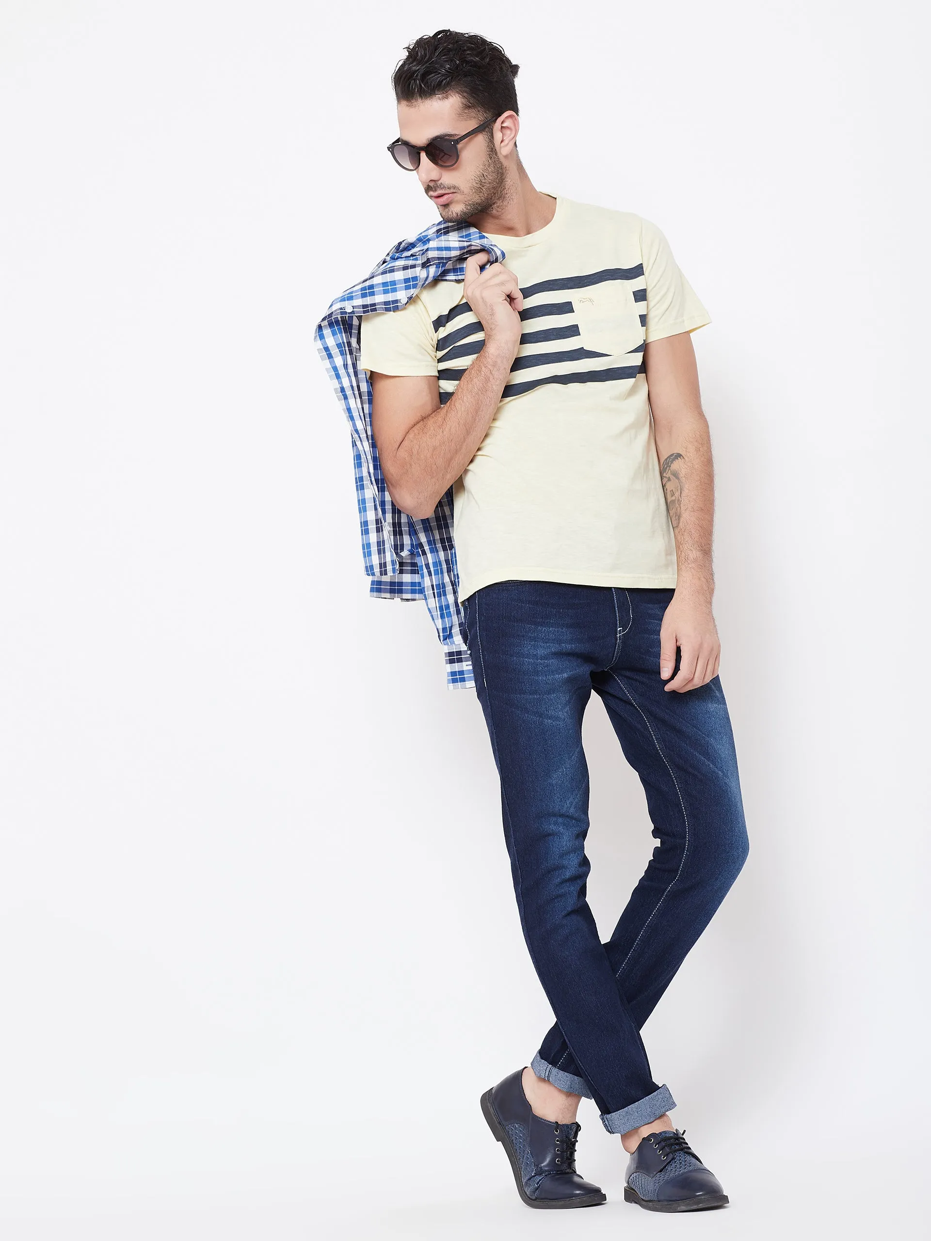 Men Beige Striped Round Neck T-shirt