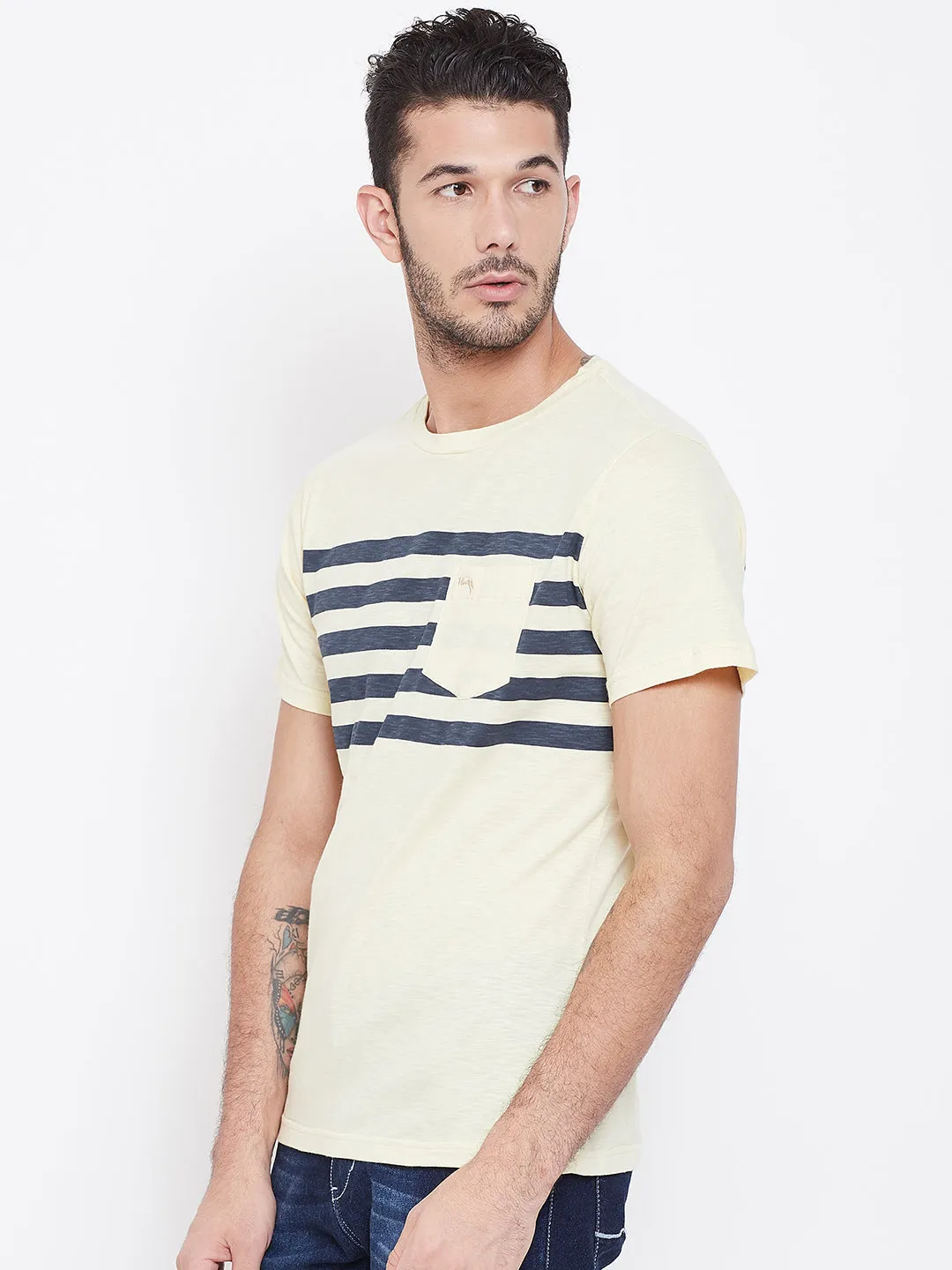 Men Beige Striped Round Neck T-shirt