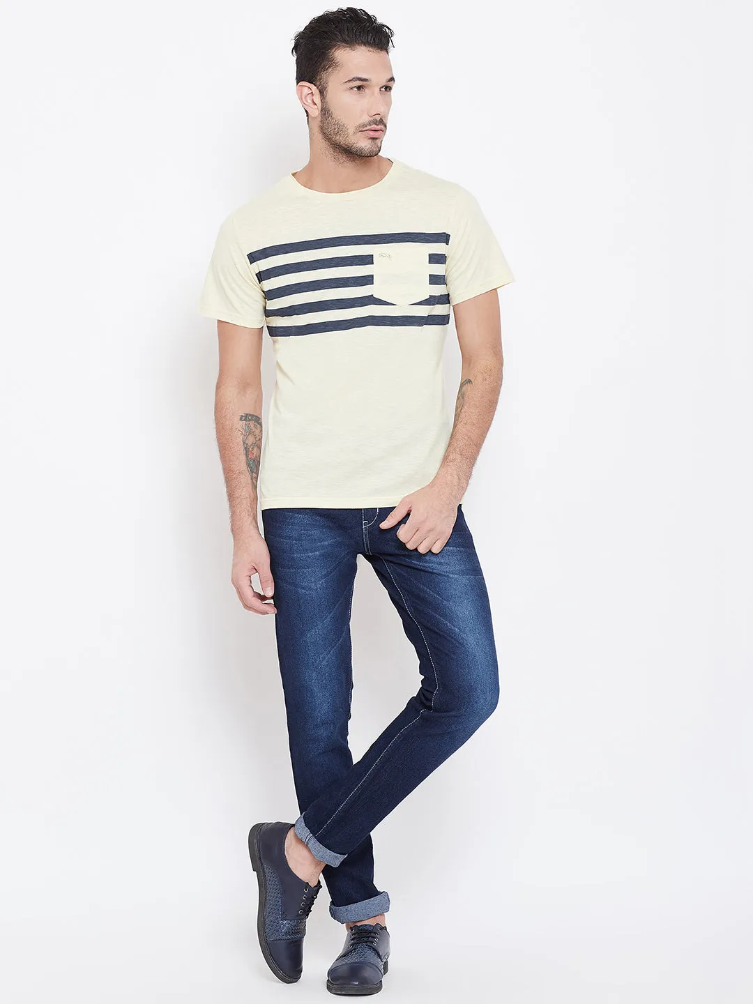 Men Beige Striped Round Neck T-shirt