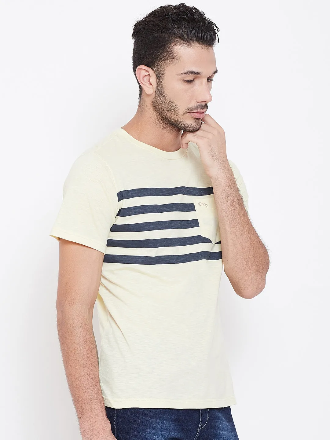 Men Beige Striped Round Neck T-shirt