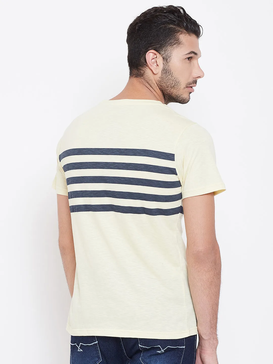 Men Beige Striped Round Neck T-shirt