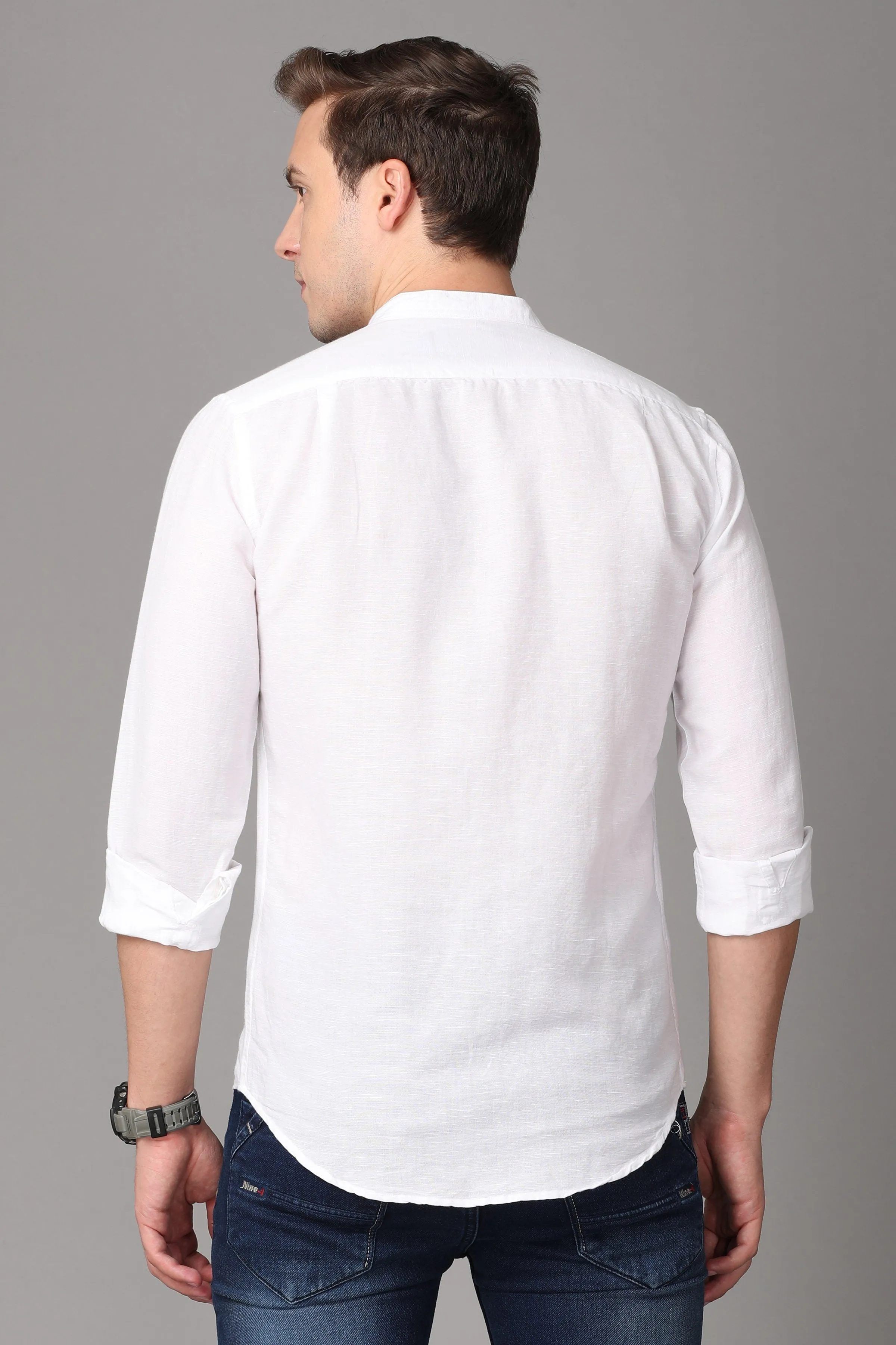 Men White Regular Fit Solid Casual Linen Sustainable Shirt