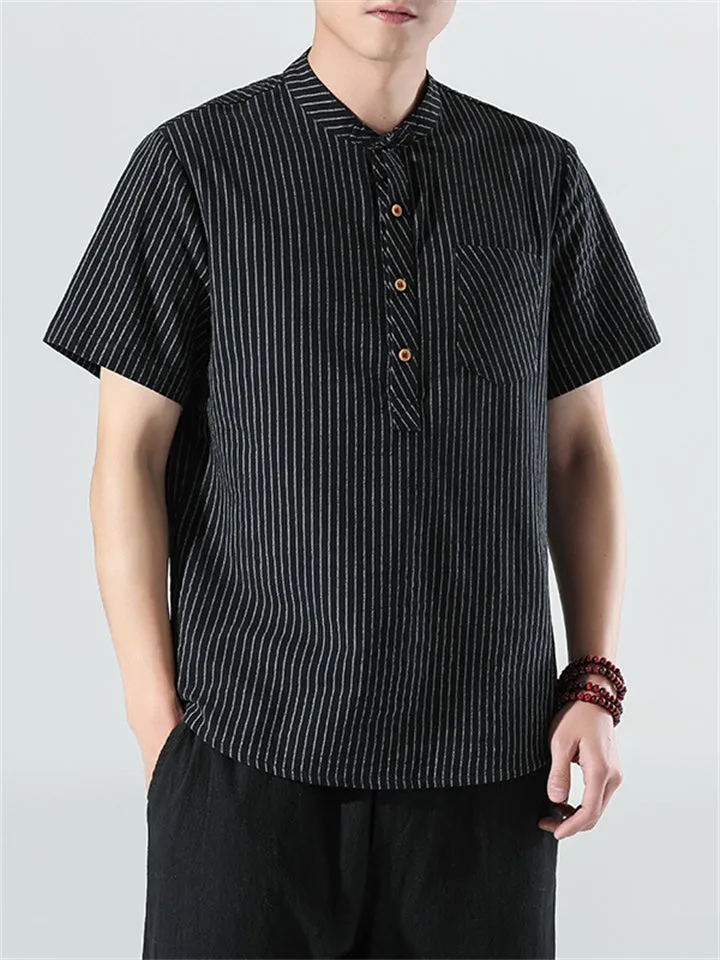 Men's Cotton Linen Striped Short Sleeve Shirts