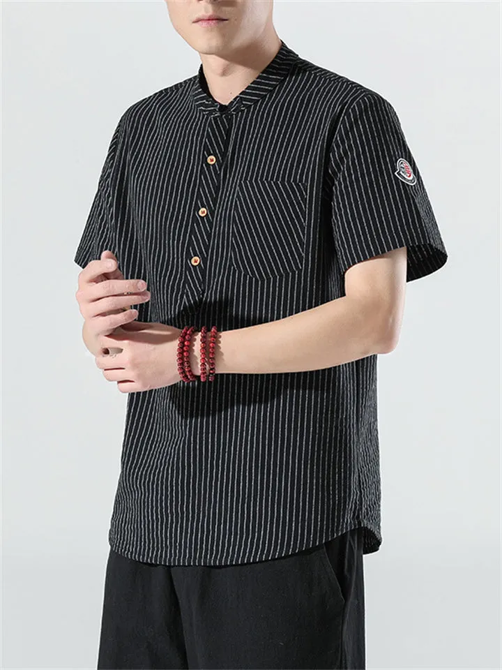 Men's Cotton Linen Striped Short Sleeve Shirts