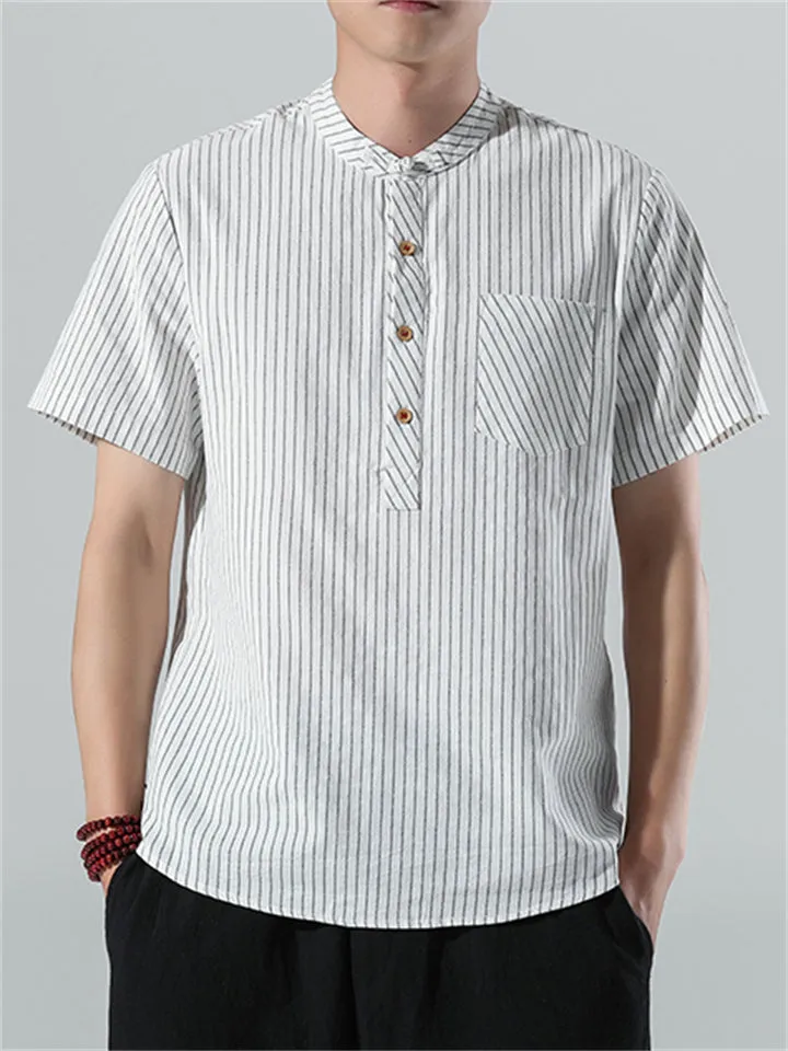 Men's Cotton Linen Striped Short Sleeve Shirts