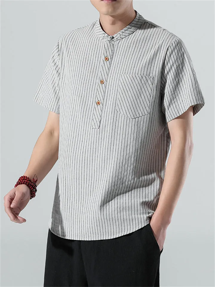 Men's Cotton Linen Striped Short Sleeve Shirts