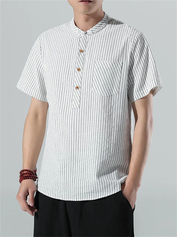 Men's Cotton Linen Striped Short Sleeve Shirts