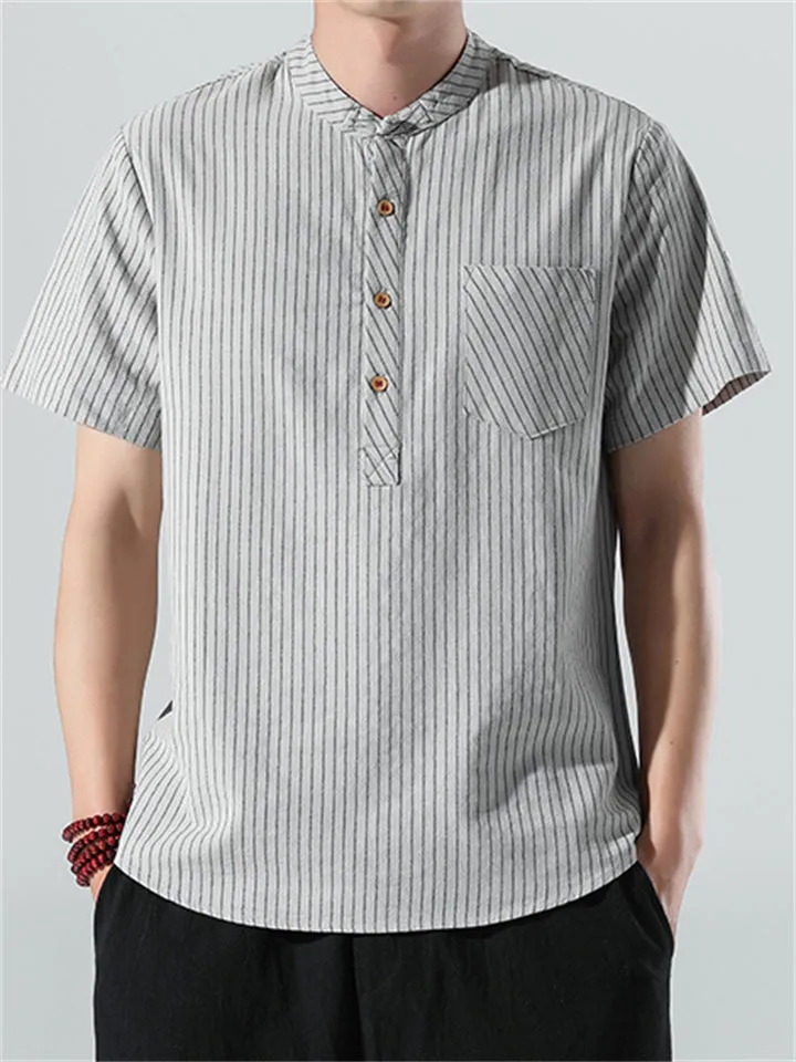 Men's Cotton Linen Striped Short Sleeve Shirts