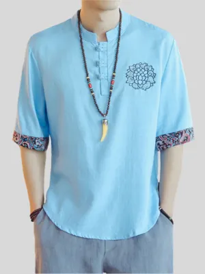 Men's Lotus Embroidered Linen Shirts