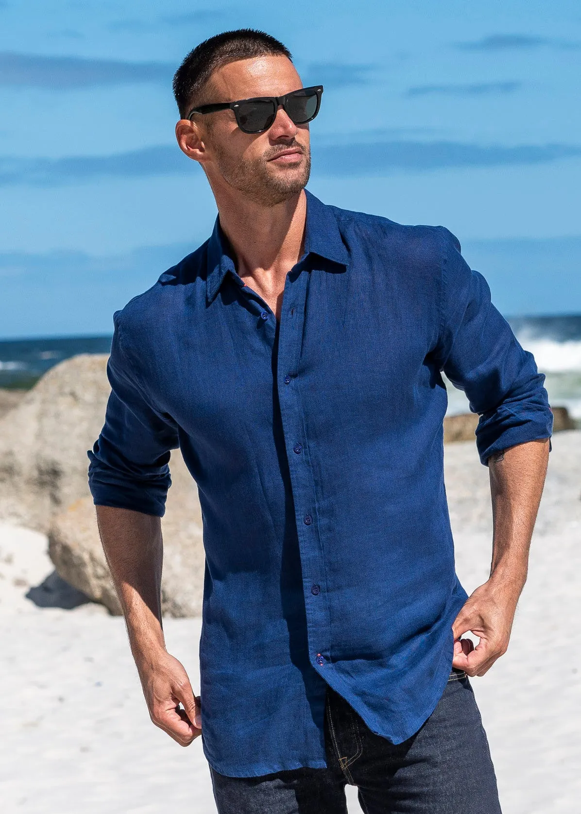 Mens' Navy Blue Linen Shirt with contrast Trim