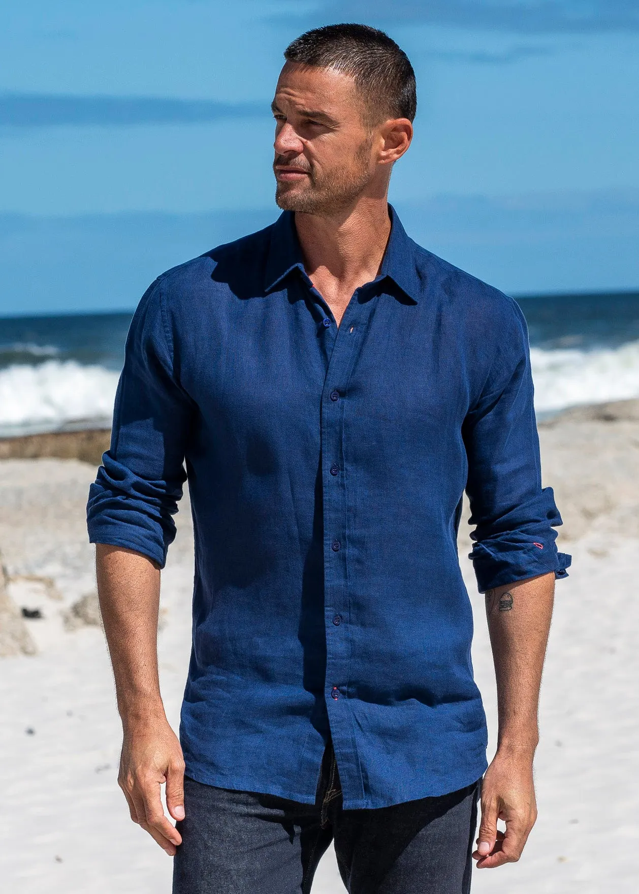 Mens' Navy Blue Linen Shirt with contrast Trim