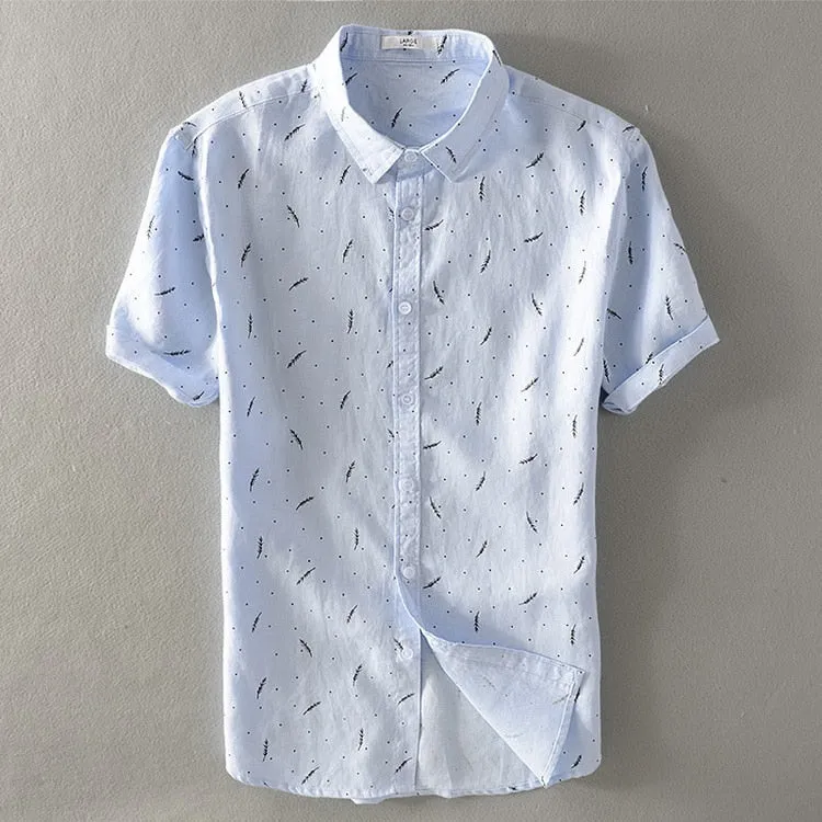 men's pure linen casual print short sleeve