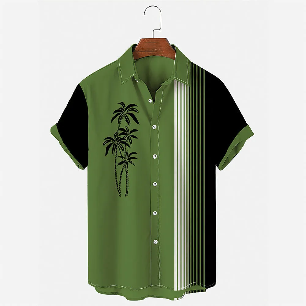 Men's Vintage Hawaiian Shirts Casual Palm Tree Print Striped Khaki Hawaiian Shirts for Men