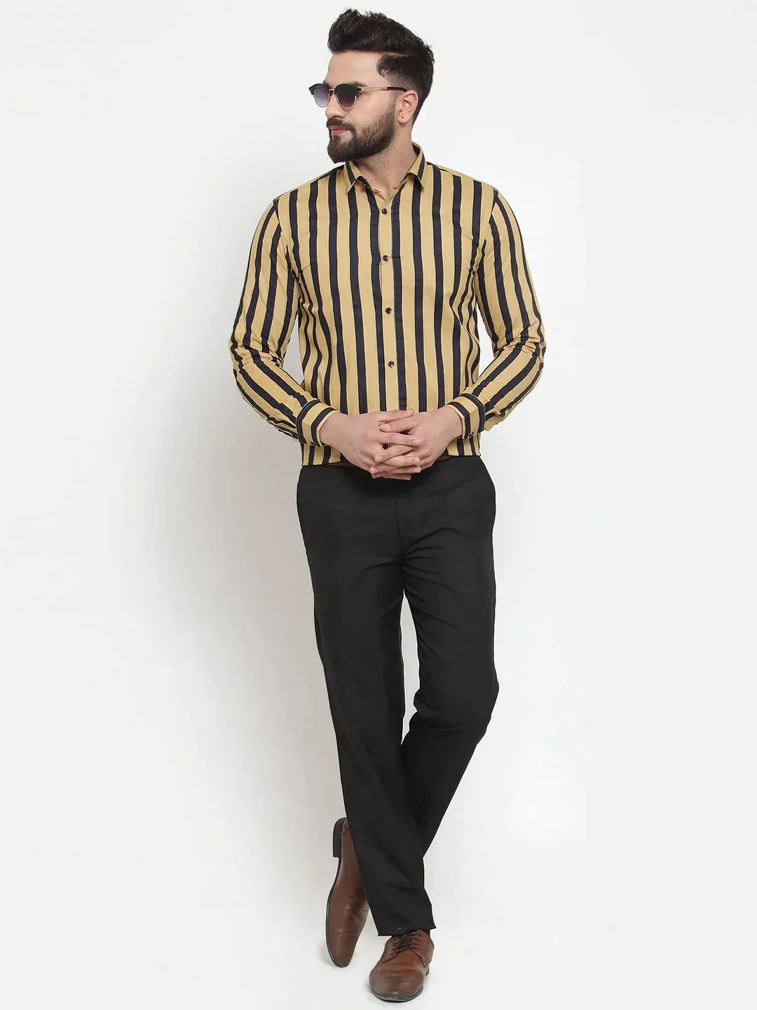 Men's Yellow Cotton Striped Formal Shirts - Taantav