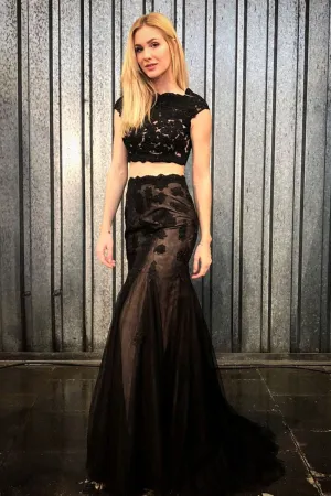 Mermaid 2 Pieces Black Lace Long Prom Dress, Mermaid Black Formal Dress, Two Piece Black Evening Dress